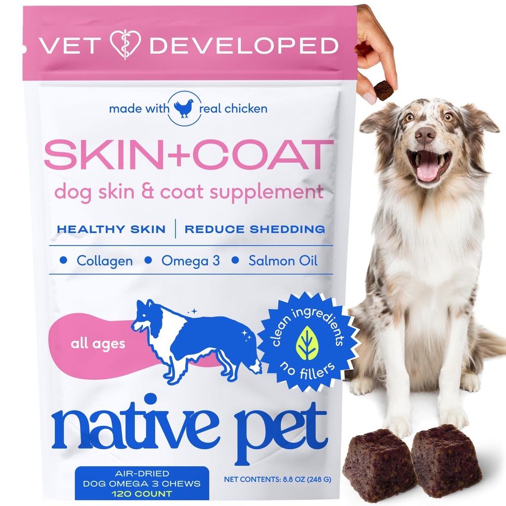 Native Pet Skin & Coat Chews - Omega 3 Fish Oil for Dogs Skin & Coat Supplement - Itch Relief, Shiny Fur & Shedding Support - Collagen, Hyaluronic Acid, Biotin, Probiotics & Salmon Oil - 120 Chews