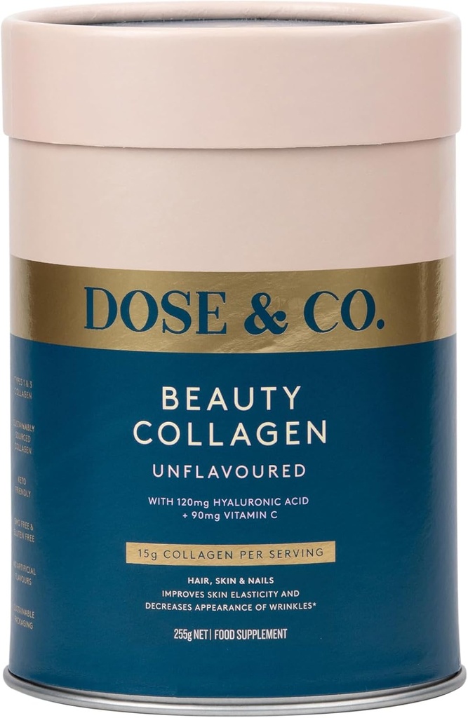 DOSE & CO. Beauty Collagen with Hyaluronic Acid and Vitamin C for Hair, Skin & Nails, Unflavored - 9oz Powder Supplement