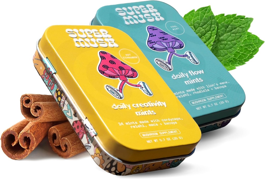 SuperMush Daily SuppleMint - 2 νομισματοκοπεία Flow & Focus + 2 Μέντες Δημιουργικότητας & Σύνδεσης - Mushroom Mint Συμπληρώματα - Lions Mane, Cordyceps, και Reishi Μικτά Μανιτάρια