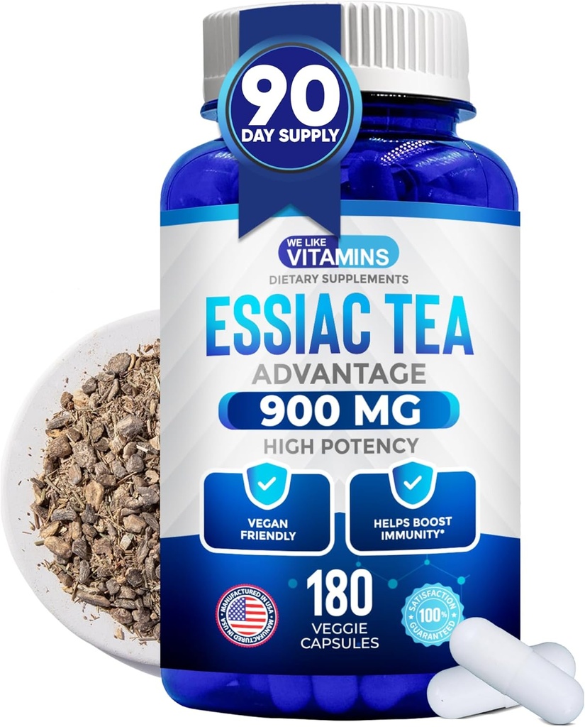 We Like Vitamins Essiac Tea Capsules - 180 Count Immune Support Supplement with Burdock, Sheep Sorrel, Slippery Elm & Turkey Rhubarb - Genuine Essiac Tea 900mg Daily Dose