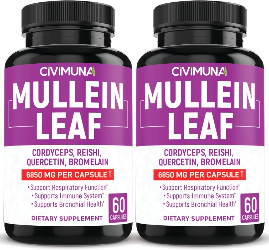 (2 συσκευασίες) Mullein Leaf Κάψουλες 6850mg - Mullein Leaf, Cordyceps, Reishi - 4 μήνες προσφοράς