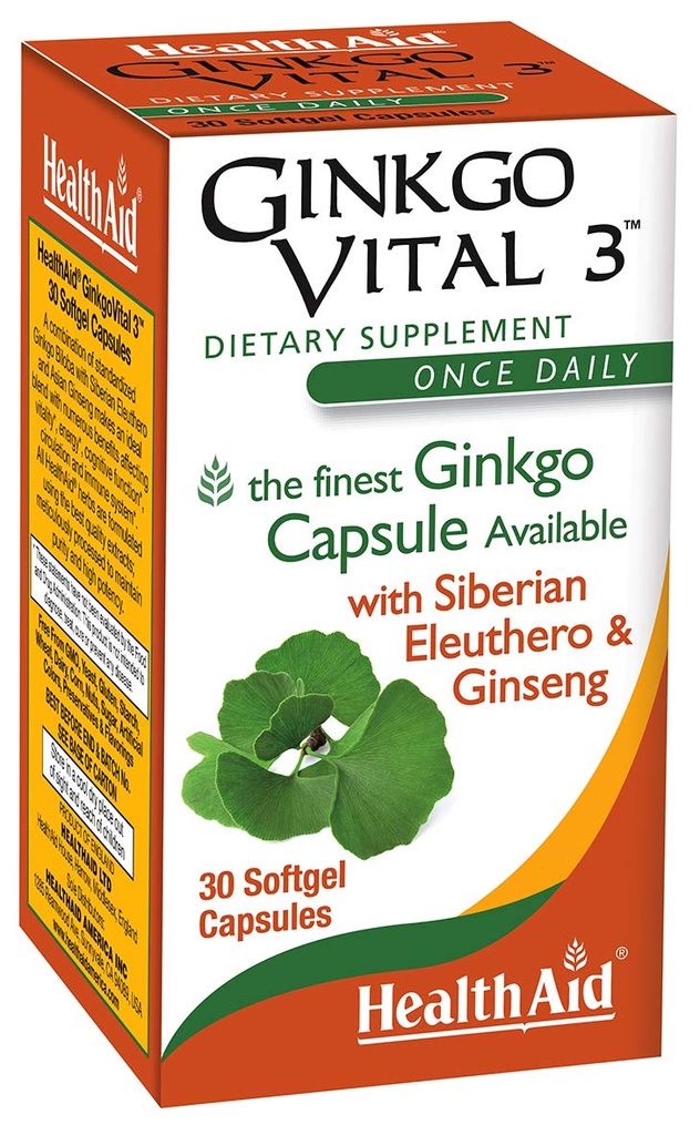 HealthAid Ginkgo Vital 3 – Μία φορά την ημέρα Softgel με Ginkgo Biloba, Siberian Eleuthero & Korean Ginseng 