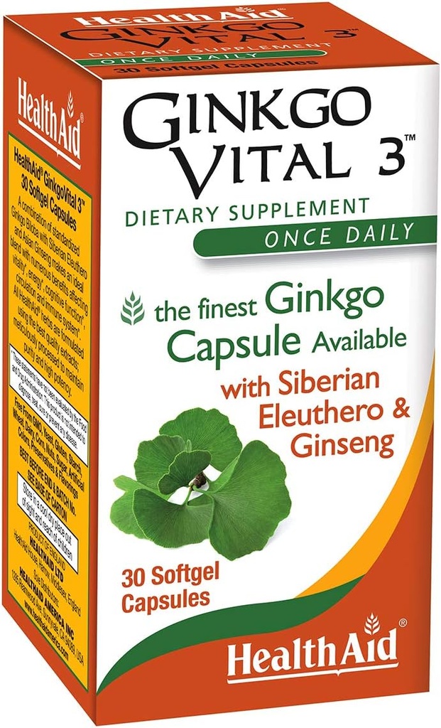 HealthAid Ginkgo Vital 3 – Once-Daily Softgel with Ginkgo Biloba, Siberian Eleuthero & Korean Ginseng | Supports Mental Clarity & Circulation | 30 Softgels