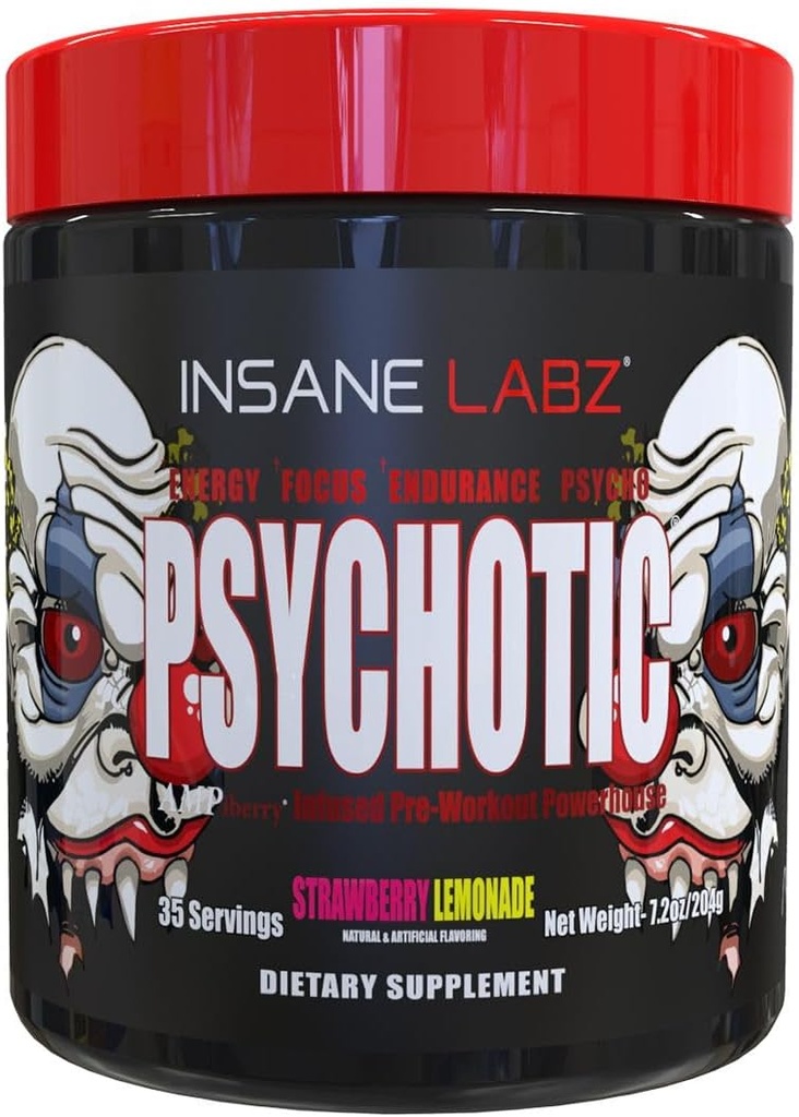 Insane Labz Ψυχωτικό, υψηλής διεγερτικής πριν από την προπόνηση σκόνη, ακραία διαρκής ενέργεια, εστίαση και αντοχή με Beta Alanine, Creatine Monohydrate, DMAE, 35 Srvgs (Λεμονάδα Strawberry)