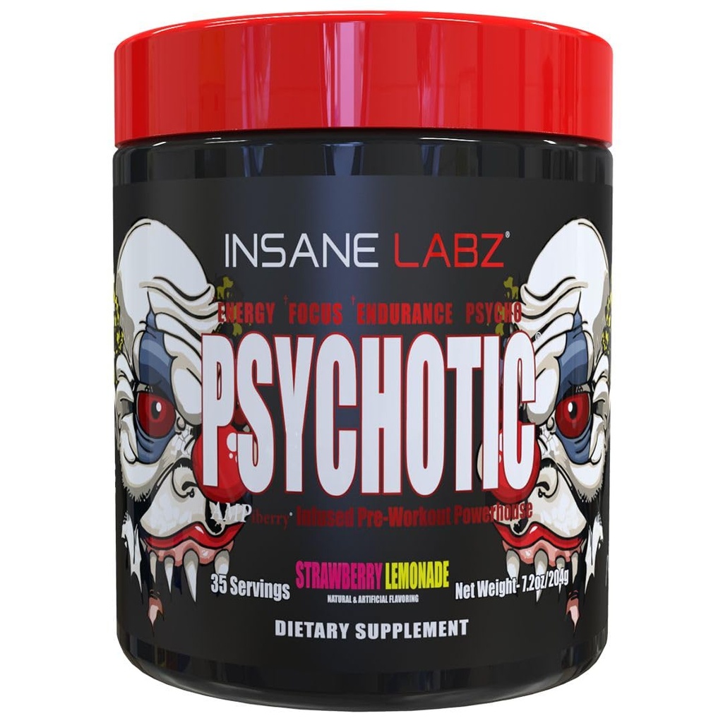Insane Labz Psychotic, High Stimulant Pre Workout Powder, Extreme Lasting Energy, Focus and Endurance with Beta Alanine, Creatine Monohydrate, DMAE, 35 Srvgs, Strawberry Lemonade