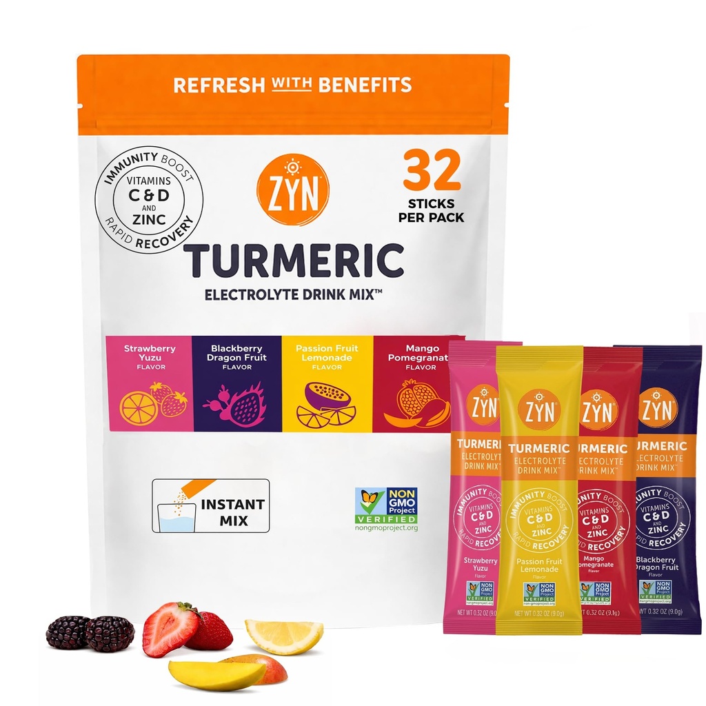 ZYN Electrolyte Drink Mix Hydration Packets, Ηλεκτρολυτές σκόνης, Hydration Packets w/Turmeric Curcumin, Βιταμίνη C και D, Ψευδάργυρος, Ηλεκτρολυτικά Packets σκόνης για την ευεξία, Ποικιλία πακέτο 32