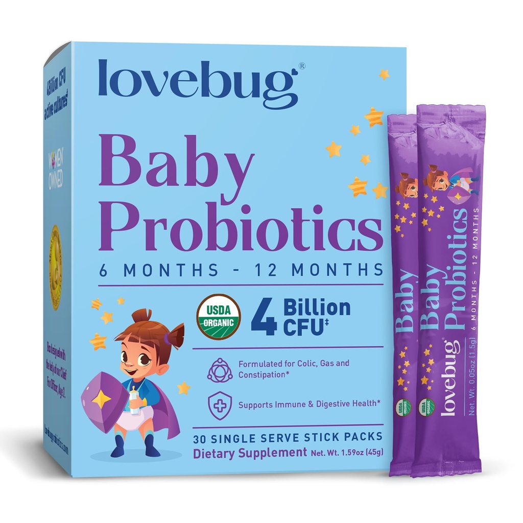 LOVEBUG Award Winning USDA Organic Probiotic for Babies | Multi-Strain 4 Billion CFU | Easy-to-Take Powder | Sugar Free | Ages 6-12 Months | 30 Packets