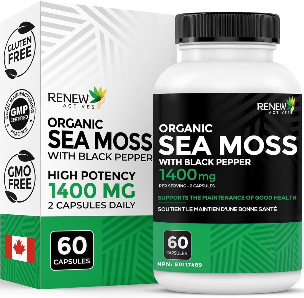 Renew Actives Sea Moss Triple-Action Antioxidant Blend with BioPerine – Organic Irish Sea Moss 500MG, Bladderwrack 500MG & Burdock Root 400MG ανά 2 κάψουλες – Κατασκευασμένο στον Καναδά - 60 κάψουλες