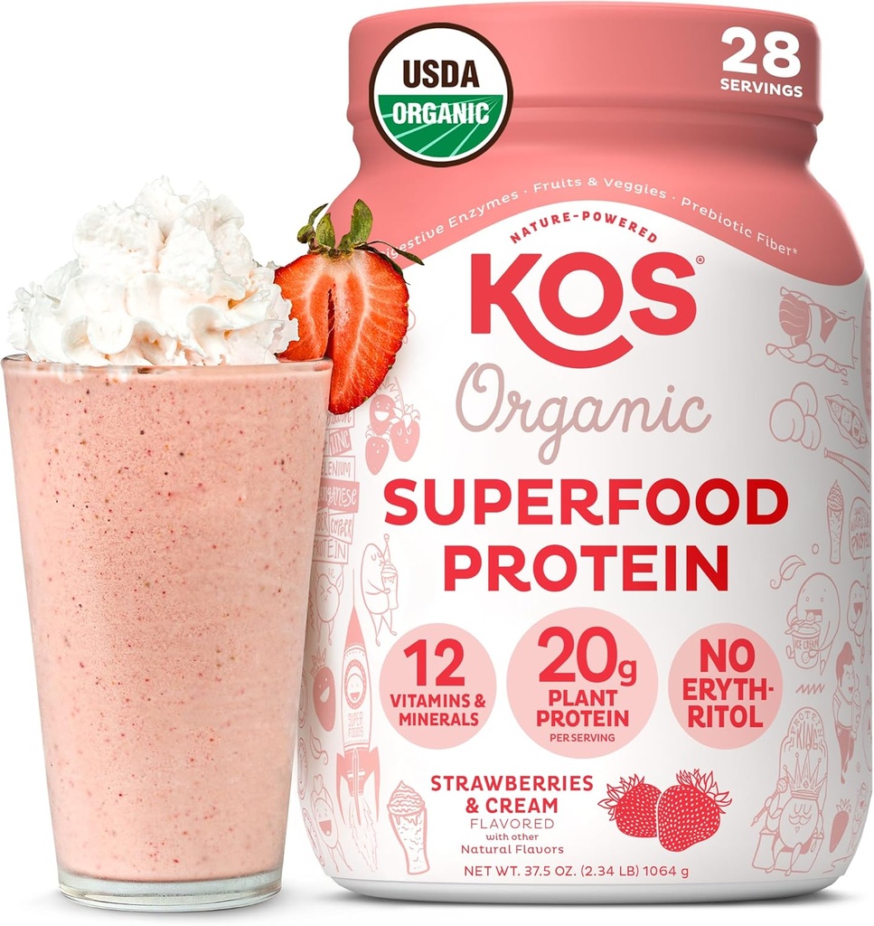 KOS Vegan Protein Powder, Strawberries & Cream USDA Organic - Μείγμα πρωτεΐνης χαμηλής περιεκτικότητας σε καρπούς, με βάση το φυτό Superfood με Βιταμίνες & Ορυκτά, Χωρίς γλουτένη - Αντικατάσταση γεύματος για γυναίκες & άνδρες - 28