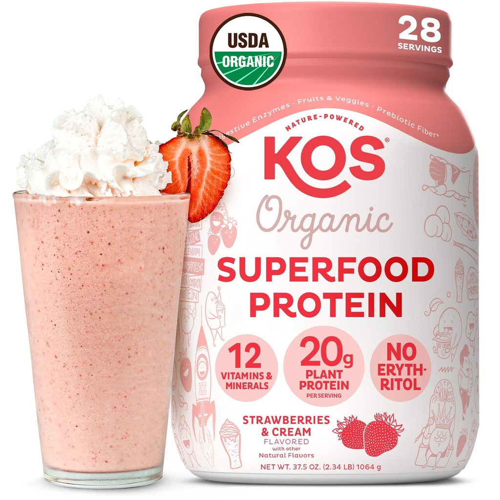 KOS Vegan Protein Powder, Strawberries & Cream USDA Organic - Μείγμα πρωτεΐνης χαμηλής περιεκτικότητας σε καρπούς, με βάση το φυτό Superfood με Βιταμίνες & Ορυκτά, Χωρίς γλουτένη - Αντικατάσταση γεύματος για γυναίκες & άνδρες - 28