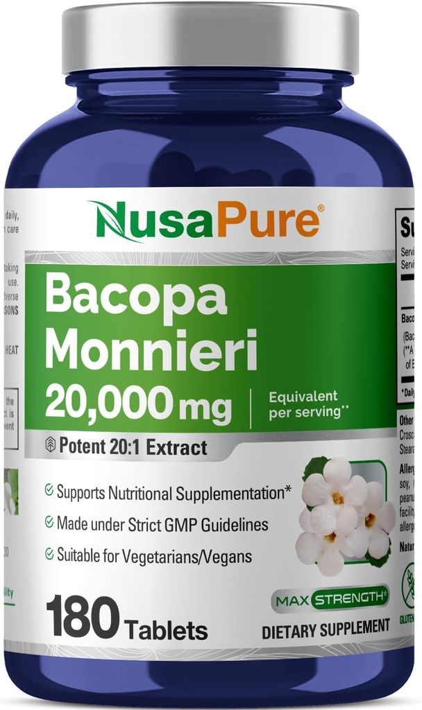 NusaPure Bacopa Leaf Monnieri Extract 20,000 mg 180 Tablets (Extract 20:1, Non-GMO, Gluten Free)