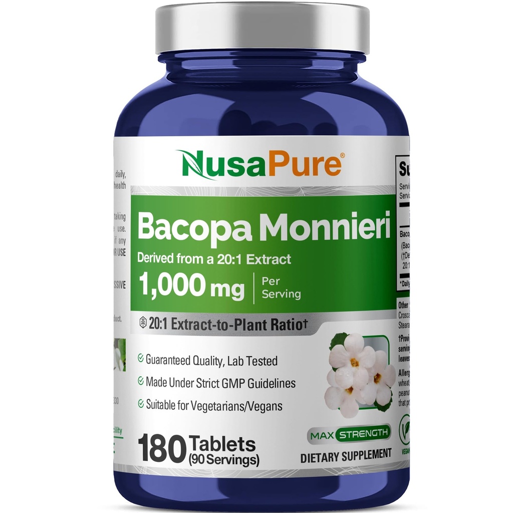 NusaPure Bacopa Leaf Monnieri Extract 20. 000 mg 180 δισκία (Extract 20: 1, μη ΓΤΟ, Χωρίς γλουτένη)