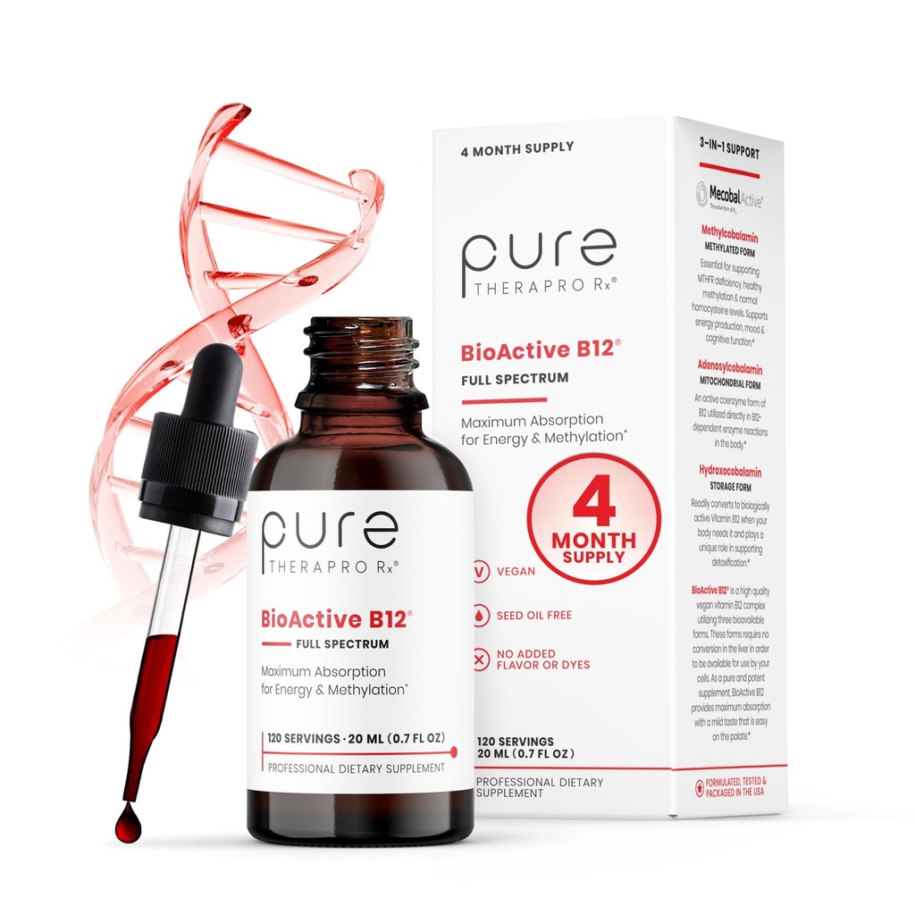 BioActive B12 Full Spectrum Vegan Methylated Vitamin B12 Sublingual Liquid Methylcobalamin, Hydroxocobalamin & Adenosylcobalamin 1,250 mcg per Drop (4 Drops = 5,000mcg / 4 Month Supply) 20 ml