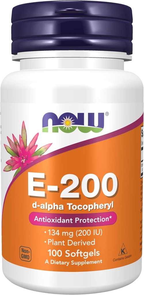 NOW Συμπληρώματα Τροφίμων, Βιταμίνη E-200 IU, D-Alpha Tocopheryl, Αντιοξειδωτική Προστασία*, 100 Softgels