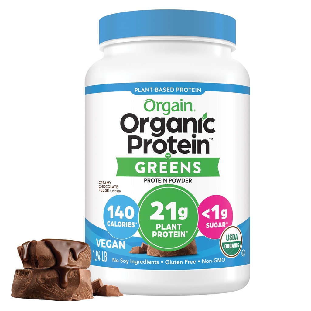 Orgain Organic Vegan Protein Powder + Greens, Creamy Chocolate Fudge - 21g Πρωτεΐνη με βάση το φυτό, Χωρίς γλουτένη, Γαλακτοκομικά & Λακτόζη, Χωρίς σόγια, Χωρίς ζάχαρη, Σιδήρου & Πρεβιοτικών για την υγεία των ούλων - 1.94lb