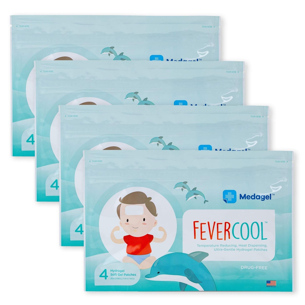 Medagel FeverCool Patches - Cooling Patches for Fever, Migraine & Headache Relief | Made in The USA | Cool Temperature | Mess & Odor Free | Adults & Kids 2+ | 4 Packs (16 x Patches)