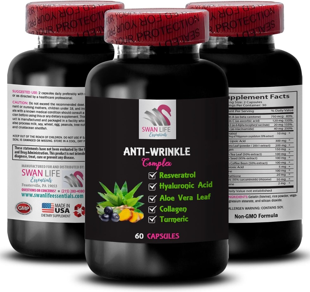 Aloe Vera Leaf Benefits - ANTI-WRINKLE COMPLEX - Antioxidant Rich, Collagen Boost, Glycine Complex, Smooth Finish, Fresh Complexion, Youthful Appearance, Hydration Solution 1 Bottle 60 Capsules