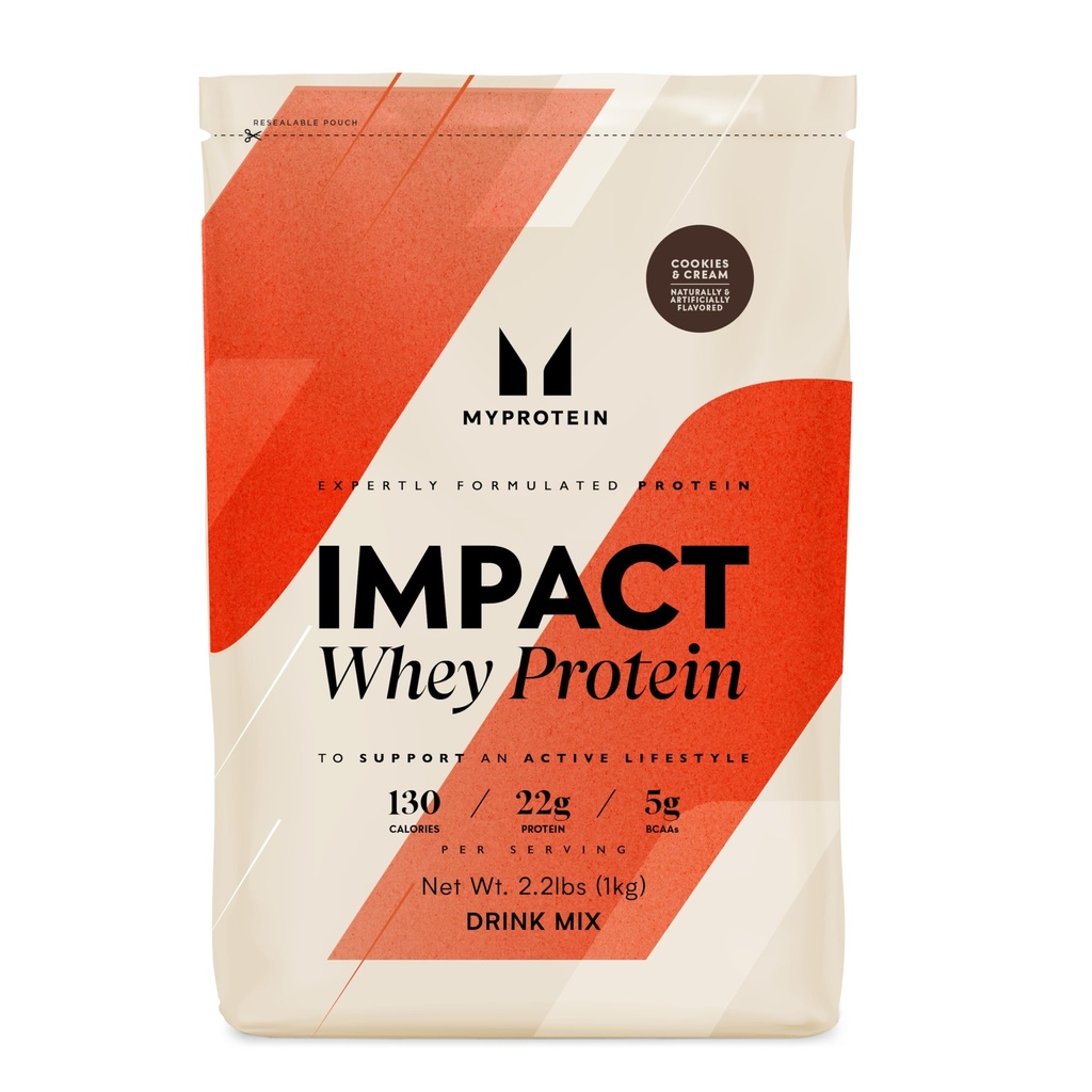 Myprotein Impact Whey Protein Powder, 2,2 Lbs (32 μερίδες) Cookies & Cream, 22g Protein & 5g BCAA Per Serving, Protein Shake for Superior Performance, Muscle Strength & Recovery, Gluten Free
