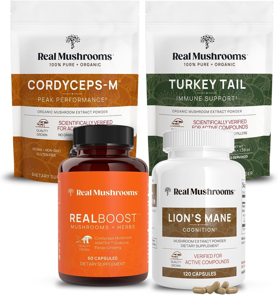 Real Mushrooms RealBoost (60ct), Lions Mane (120ct), Cordyceps & Turkey Tail Mushroom Powder & Caps Bundle - Mushroom Supplement for Energy, Vitality, Endurance & Cognition - Vegan, Non-GMO