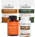 Real Mushrooms RealBoost (60ct), Lions Mane (120ct), Cordyceps & Turkey Tail Mushroom Powder & Caps Bundle - Mushroom Supplement for Energy, Vitality, Endurance & Cognition - Vegan, Non-GMO