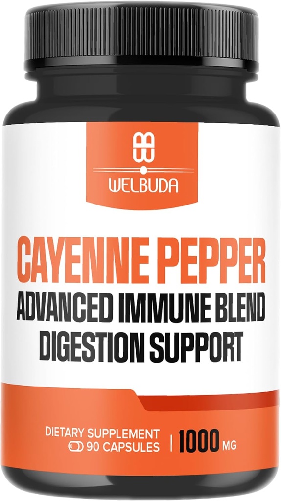 1000mg Cayenne Pepper Capsules with Elderberry, Echinacea, Berberine HCI & More - Support Digestion Health, Healthy Heart & Immune System - 90 Veggie Capsules