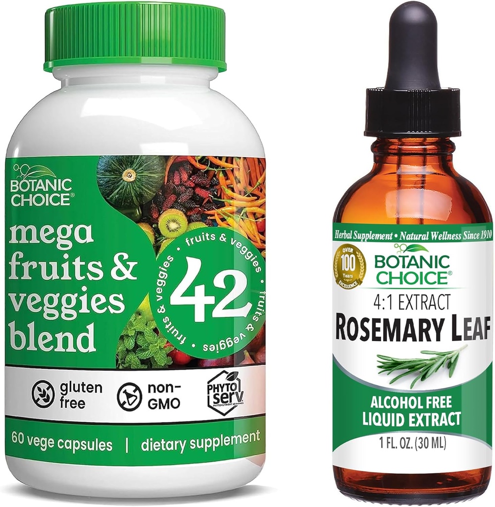 Botanic Choice Mega Fruits and Veggies Blend (60 Capsules) + Rosemary Leaf Extract (1 fl oz) Bundle - Energy Balance & Superfood Supplement + Concentration & Memory Support