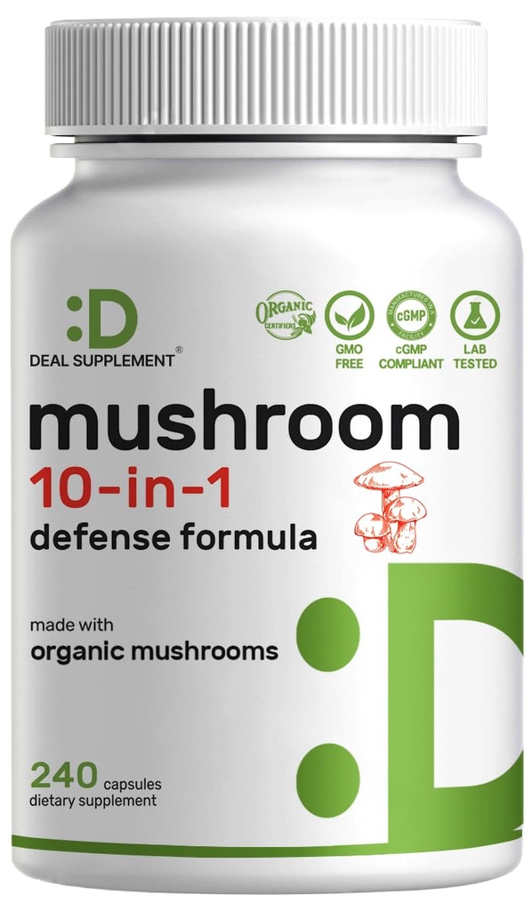 Organic 10-in-1 Mushroom Supplement, 240 Κάψουλες – Lions Mane, Turkey Tail, Reishi, Cordyceps & More Mushroom Complex – Immune, Energy & Nootropic Brain Support – Μη ΓΤΟ