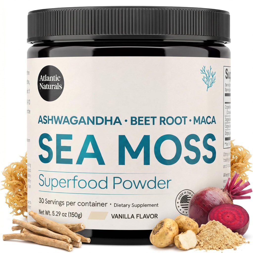 Atlantic Naturals Sea Moss Superfood Powder με Ashwagandha, Beet Root, και Maca Root - Sea Moss Powder Υποστηρίζει το υγιές δέρμα, την αθλητική απόδοση και την θετική διάθεση - Vanilla Flavor (150g)