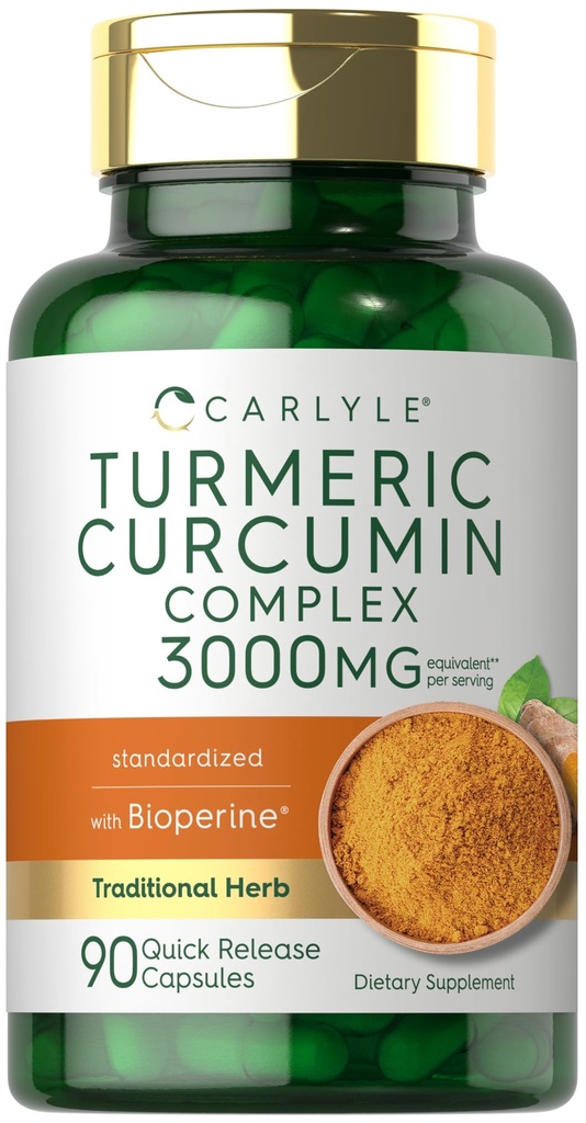 Carlyle Turmeric Curcumin with Black Pepper | 90 Powder Capsules | Complex Supplement with Bioperine | Non-GMO, Gluten Free