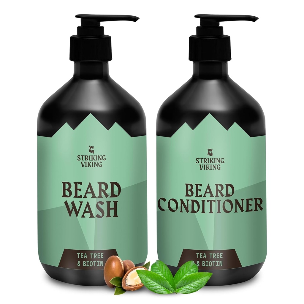 Strinking Viking Beard Wash and Conditioner (Tea Tree & Biotin) - Paraben & Sulfate Δωρεάν Καθαριστική Φροντίδα για Όλους τους Γυμνούς Είδη (10oz ανά φιάλη)
