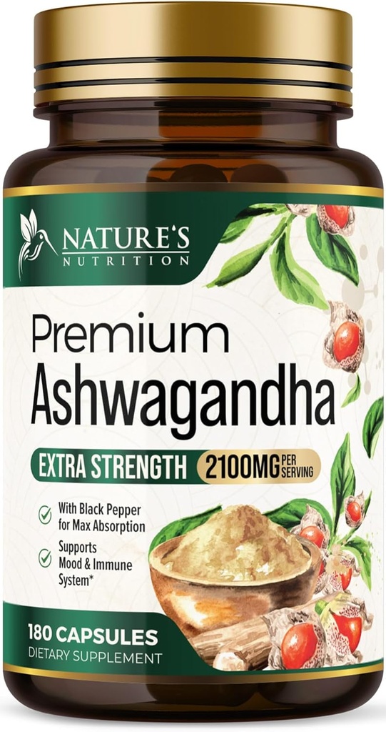 Ashwagandha Συμπληρώματα - 2100mg Ashwagandha κάψουλα για γυναίκες & άνδρες, φυσική αντιοξειδωτική υποστήριξη, εκχύλισμα ρίζας Ashwa, επιπλέον δύναμη ήρεμη υποστήριξη με μαύρο πιπέρι, Vegan & χωρίς γλουτένη - 180 κάψουλες