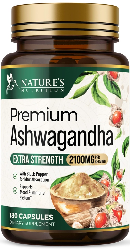 Ashwagandha Συμπληρώματα - 2100mg Ashwagandha κάψουλα για γυναίκες & άνδρες, φυσική αντιοξειδωτική υποστήριξη, εκχύλισμα ρίζας Ashwa, επιπλέον δύναμη ήρεμη υποστήριξη με μαύρο πιπέρι, Vegan & χωρίς γλουτένη - 180 κάψουλες