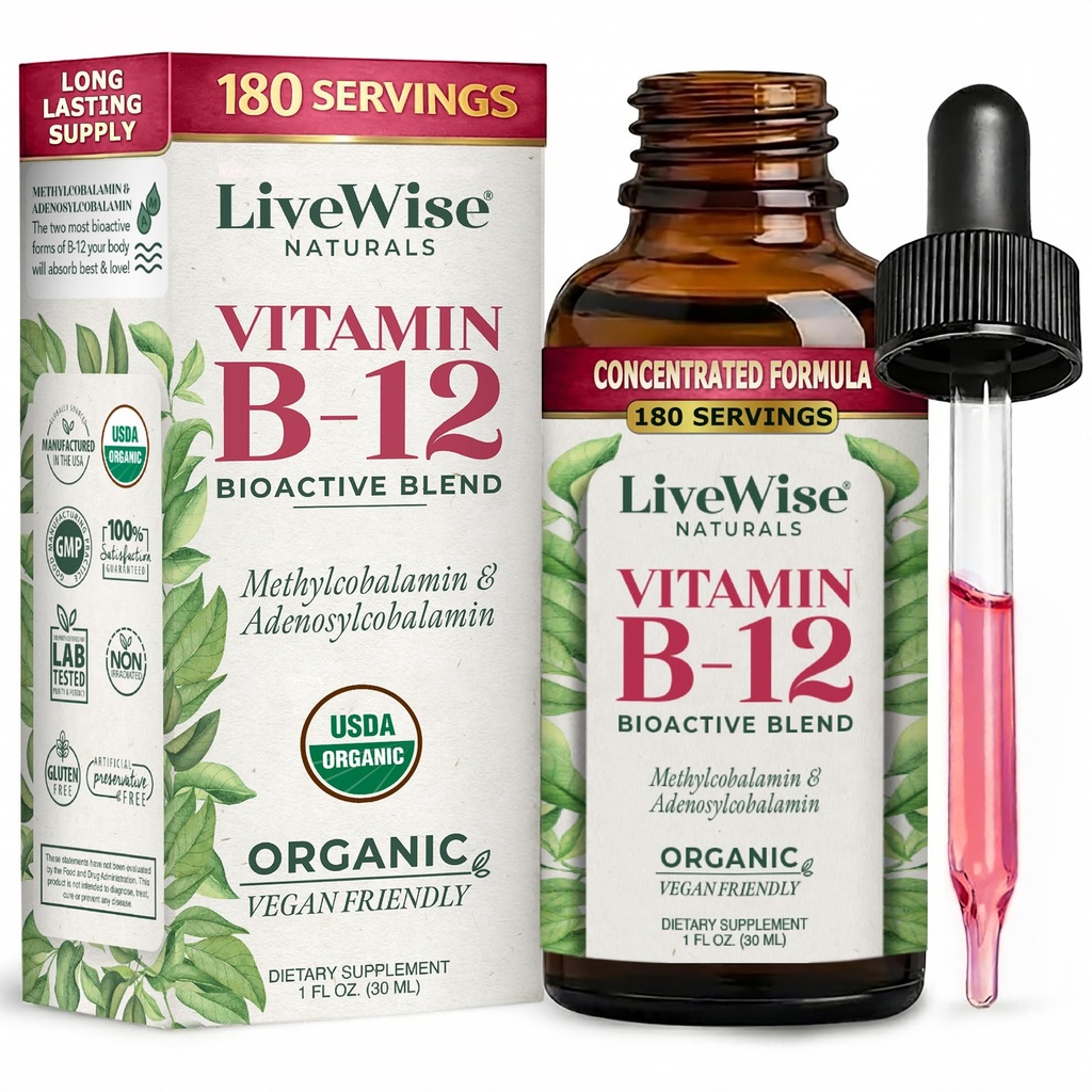 LiveWise Naturals B12 Σταγόνες βιταμίνης Μη-ΓΤΟ, Βιολογική Βιοενεργό μείγμα για την ενέργεια, την καθαρότητα, την εστίαση και την εύκολη απορρόφηση, Adenosylcobalamin & Methylcobalamin συμπλήρωμα, Vegan, χωρίς γλουτένη, χωρίς γαλακτοκομικά-ελεύθερο