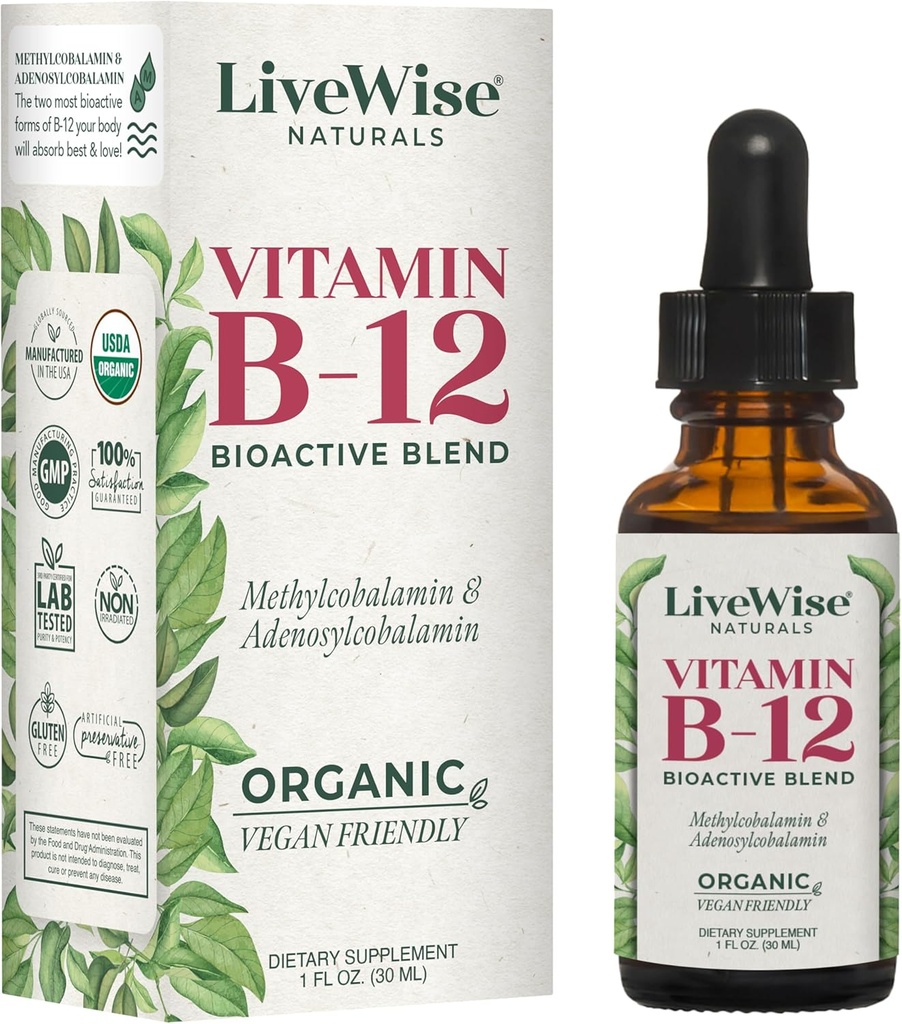 LiveWise Naturals B12 Vitamin Drops Non-GMO, Organic Bioactive Blend for Energy, Clarity, Focus, and Easy Absorption, Adenosylcobalamin & Methylcobalamin Supplement, Vegan, Gluten-Free, Dairy-Free