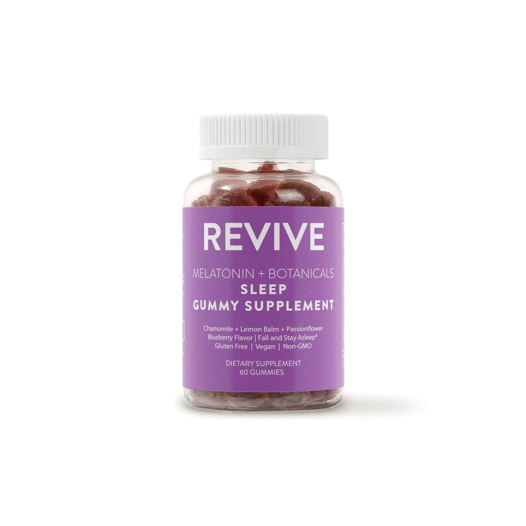 ReviveEO Μελατονίνη & Βοτανικά Συμπληρώματα Gummy ύπνου από Revive αιθέρια έλαια με Χαμομήλι, Λεμονί Μπαλμ & Πασιφλόρα - 5 mg Μελατονίνη - Βατόμουρο Γεύση