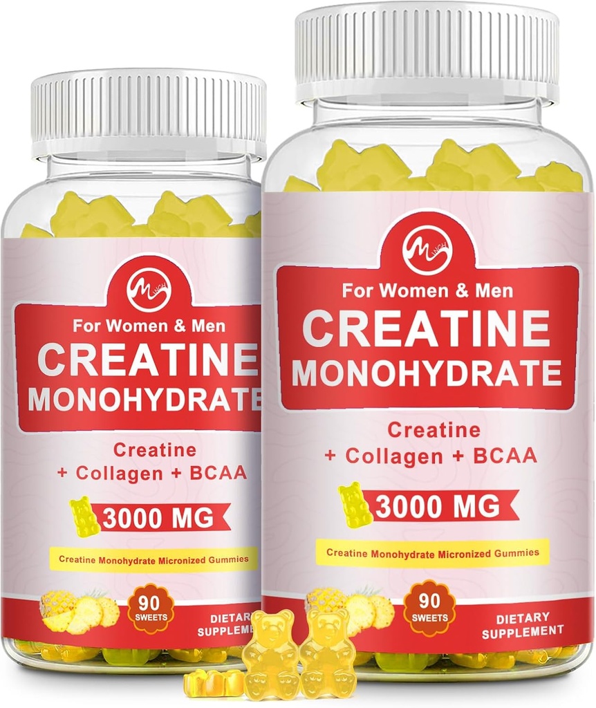 Creatine Gummy, 3g of Creatine Monohydrate per Serving, Sugar Free Creatine Monohydrate Gummy for Muscle Growth and Strength with 0.5g Collagen, 0.2g BCAA, 60 Servings, Pineapple Flavor, 2 Pack
