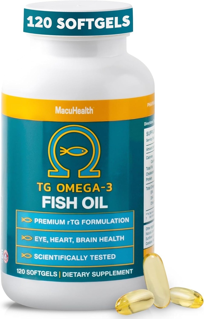 Macuhealth Omega 3 Fish Oil - 1100mg DHA, 1100mg EPA, Eye & Brain Health Supplement, Triglyceride Formula, 120 Softgels
