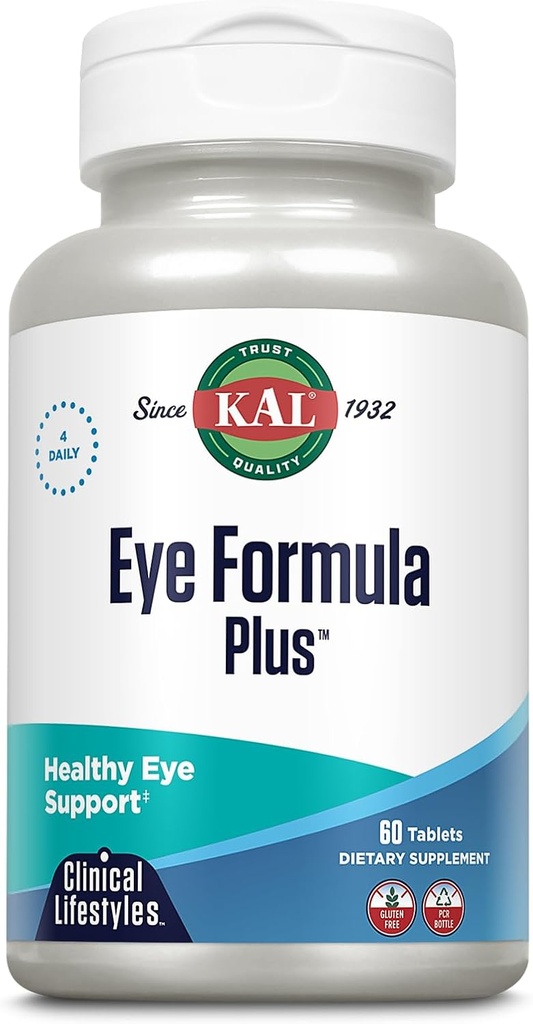 KAL Eye Formula Plus, Eye Care and Vision Συμπληρώματα για Ενήλικες, με Eye Vitamins Λουτεΐνη και Ζεαξανθίνη, Plus Bilberry Extract, Goji και Blueberry Extract, 60- Ημέρες Εγγύηση, 15 Μερίδες, 60 δισκία