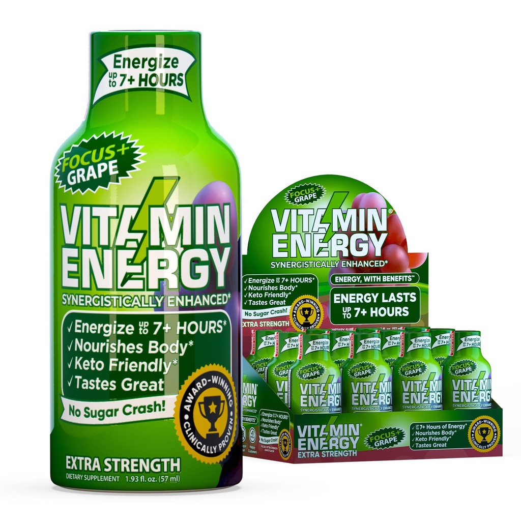 Vitamin Energy Focus+ Extra Strength Energy Shot Grape 12 Pack, 260mg Natural Caffeine, B-Vitamins, CoQ10, Amino Acids, Focus, Productivity & Clarity, Zero Sugar, Gluten-Free, 1.93 fl oz