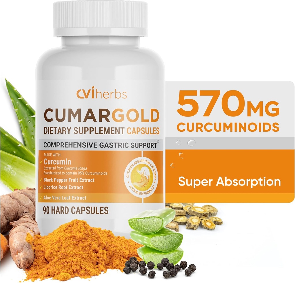 Cumargold 570mg Curcuminoids Turmeric Curcumin Supplement with Piperine, Licorice Root & Aloe Vera - Υψηλής ισχύος κάψουλες φυσικής ευεξίας (90 Count)
