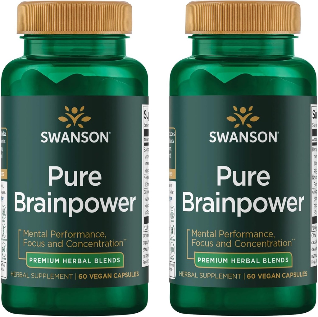 Swanson Pure Brainpower Brain Health Cognitive Memory Focus Support Brain-Derived Neurotrophic Factor (BDNF) Herbal Supplement (Ginkgo Biloba, Bacopa Monnieri) 60 Veggie Capsules (Veg Caps) (2 Pack)