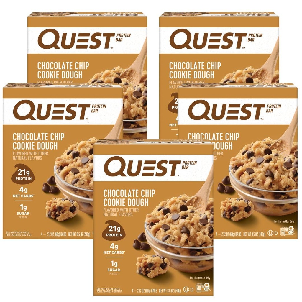 Quest Nutrition Chocolate Chip Cookie Dough - Υψηλή πρωτεΐνη, χαμηλή υδατάνθρακες, χωρίς γλουτένη, Κετό φιλικό, 2,12 Oz, 4 Count (πακέτο των 5)