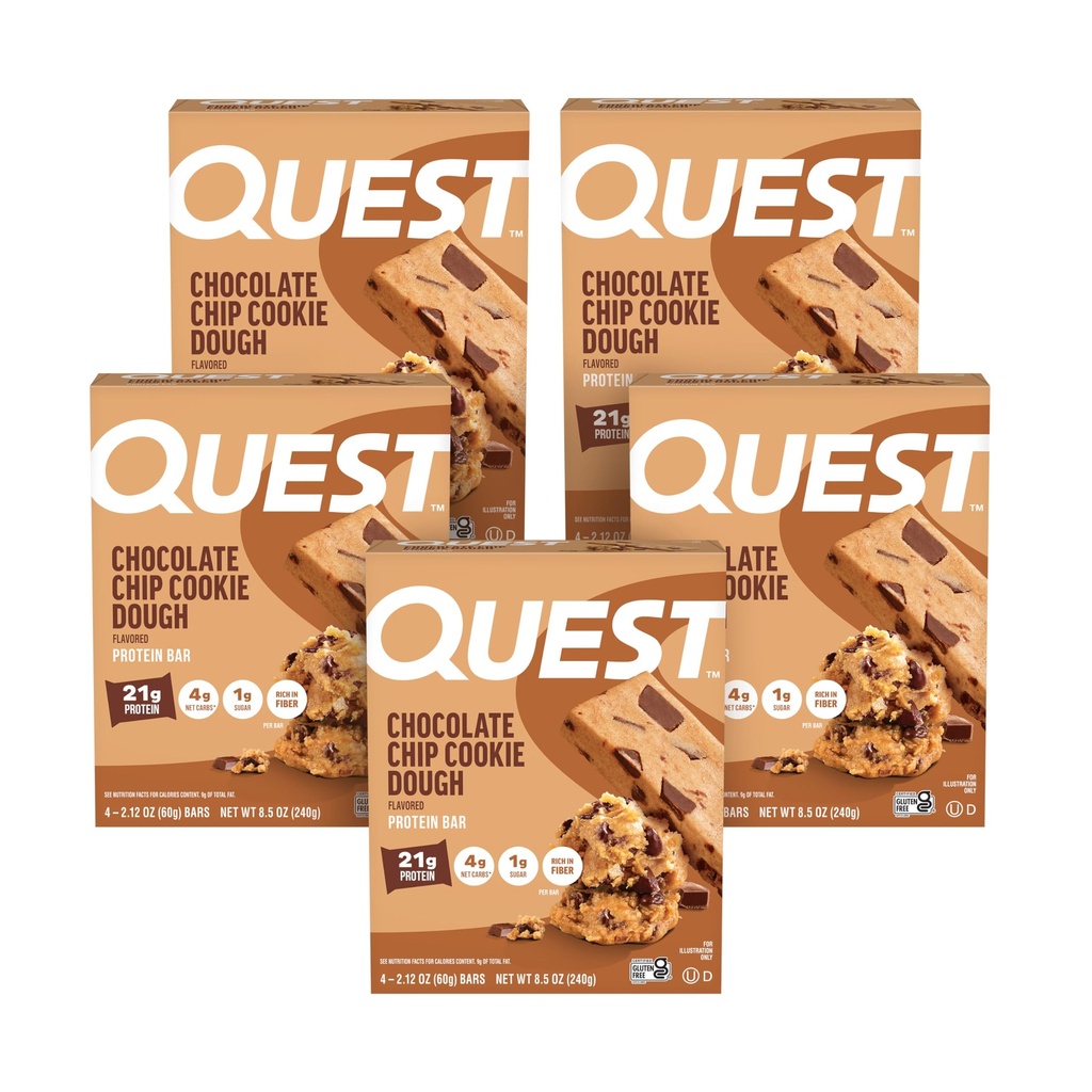 Quest Nutrition Chocolate Chip Cookie Dough - High Protein, Low Carb, Gluten Free, Keto Friendly, 2.12 Oz, 20 Count (4 Packs of 5)