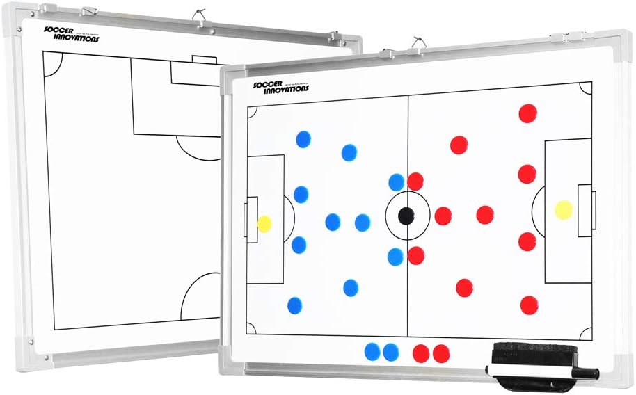 Soccer Innovations Double Sided Aluminum Magnetic Coaches Tactic Board with Wall Hanging Clips | Player Magnets & Pen Included | Dry Erase Board | Full Field & Half Field