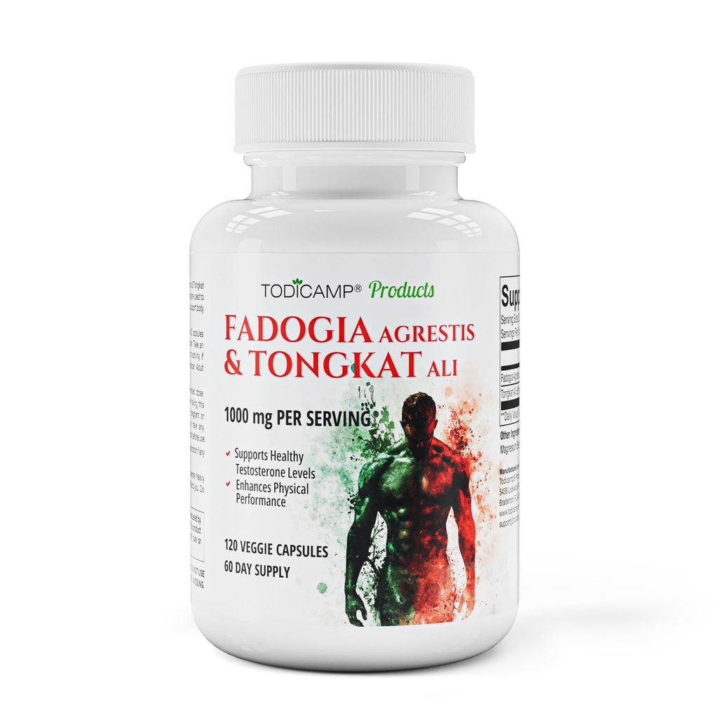 TODICAMP Fadogia Agrestis 20:1 with Tongkat Ali 1000mg Complex Longjack Tongkat Ali Extract with Fadogia Agrestis 600mg Supplement - 60 Days Supply