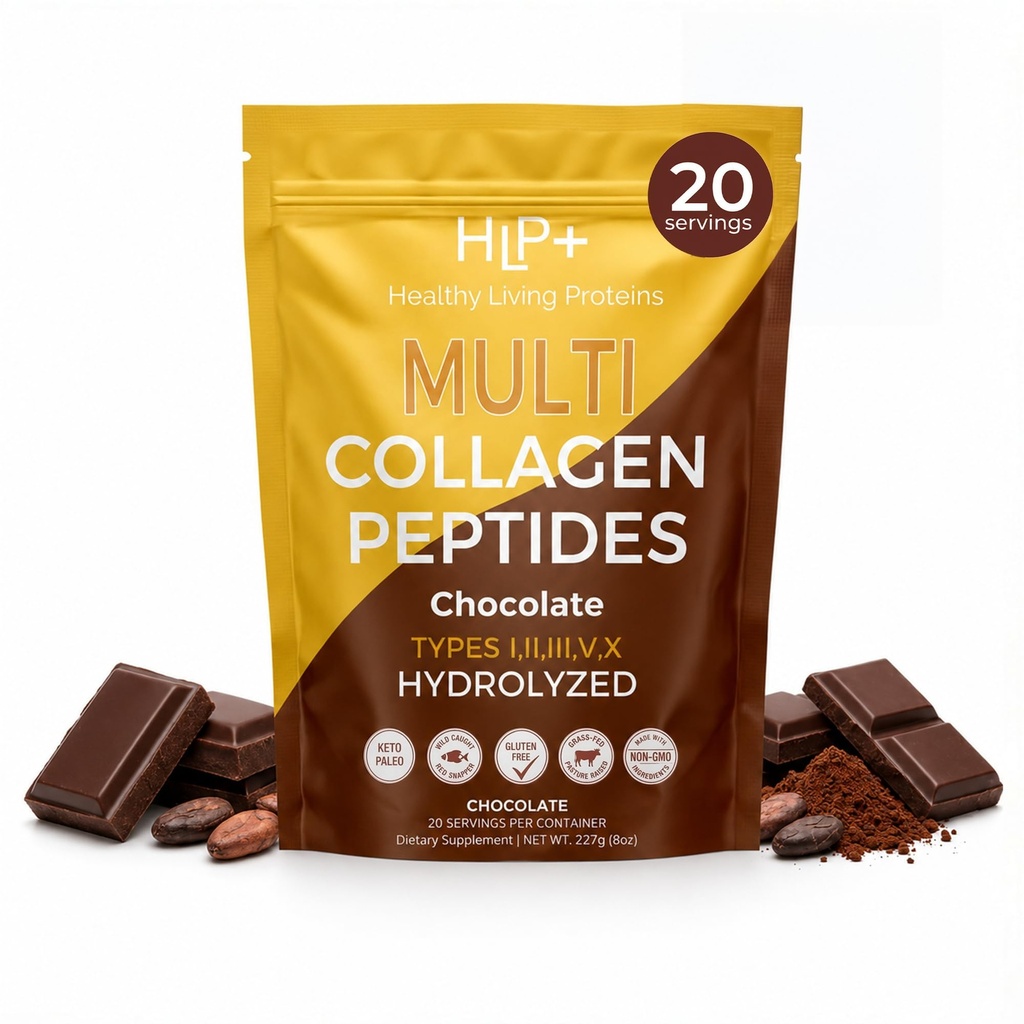 Healthy Living Proteins - Hydrolyzed Multi Collage Peptides Peptides Powder Types I, II, III, V & X - Grass Fed Bovine, Wild Caught Marine, Free Range Chicken - Χωρίς γλουτένη (Chocolate, 8 oz)