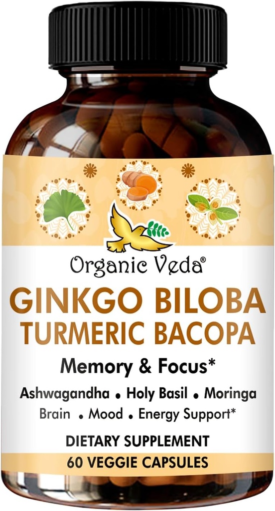 Βιολογικό συμπλήρωμα εγκεφάλου Veda Ginkgo Biloba Turmeric Bakopa για τη μνήμη, Mood & Focus με Ashwagandha - Συγκέντρωση, Ενέργεια & Εγκέφαλος Booster, Υγιεινή αρθρώσεις & Υποστήριξη Κυκλοφορίας - 60 Vegan Κάψουλες