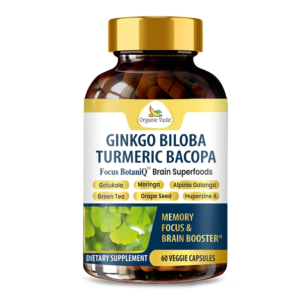 Organic Veda Ginkgo Biloba Turmeric Bacopa Capsules - FocusBotaniQ Memory & Brain Supplement - 10 in 1 Cognitive Superfoods, Brain Booster, Concentration, Energy & Focus Support - 60 Vegan Capsule