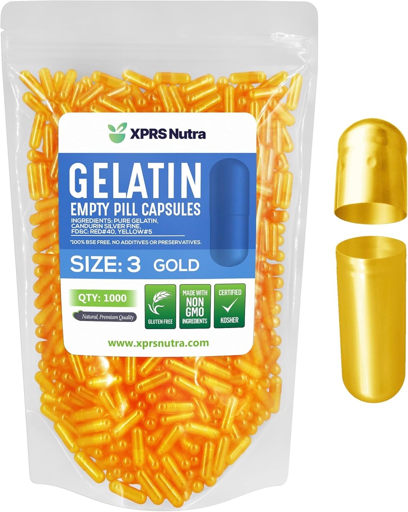 XPRS Nutra Μέγεθος 3 Κενές κάψουλες - 1000 Count Empty Gelatin Κάψουλες - Χάπια DIY Καψάκιο Γέμισμα - Γέμισμα Pure Bovine Pill Caps Gel για Do-It-Yourself Συμπληρώματα (Χρυσό)