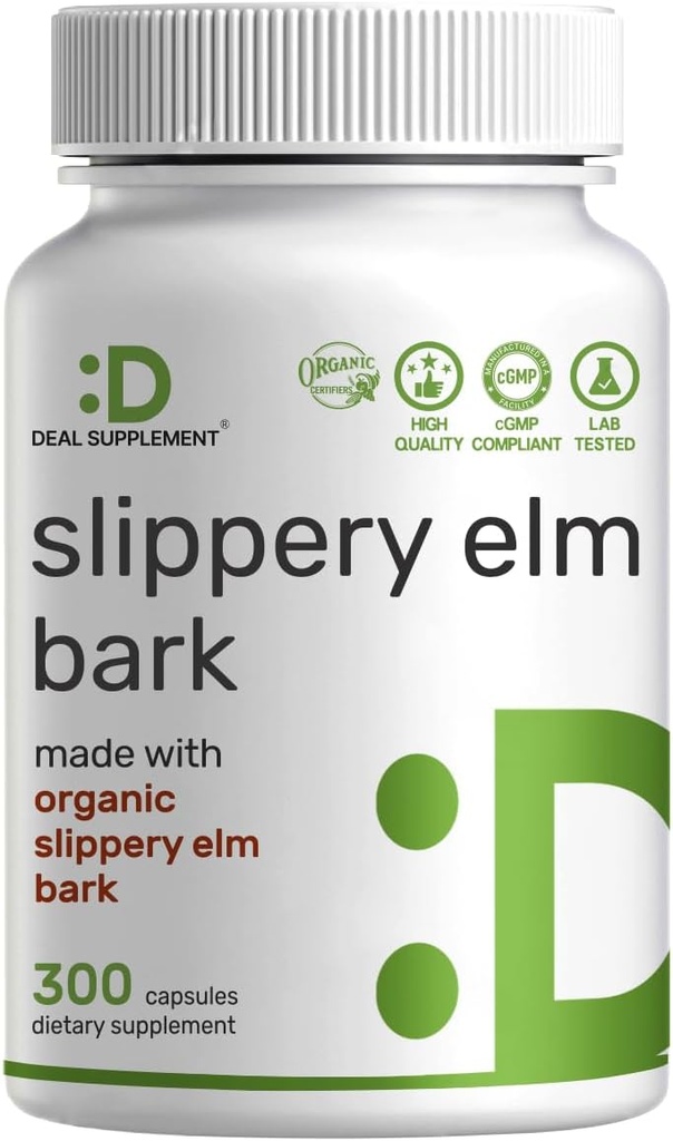 DEAL SUPPLEMENT Slippery Elm Capsules – 300 Pills, Made with Organic Inner Bark Powder Extract – Natural Herb for Soothing Throat & Digestive Support – Non-GMO